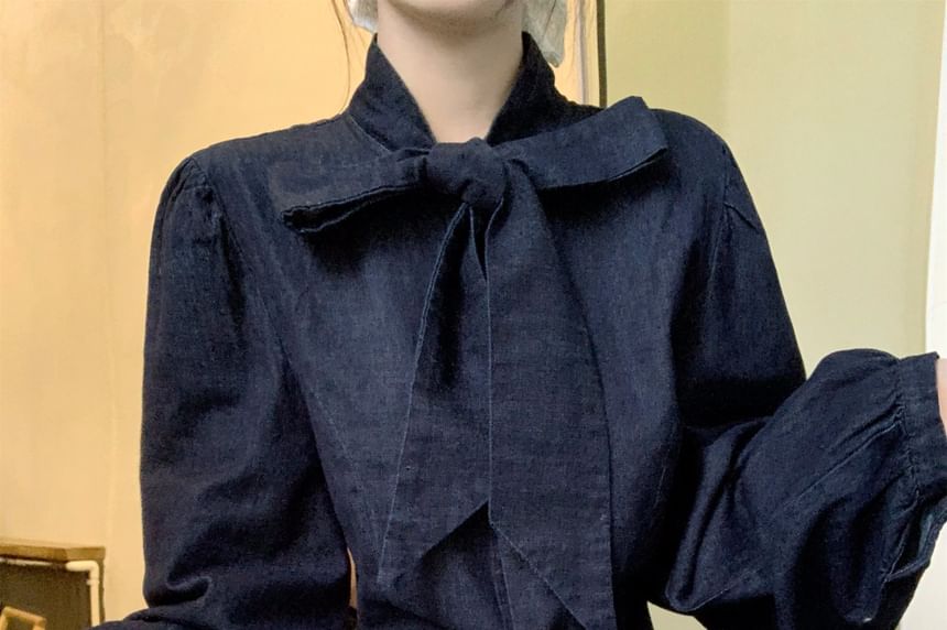Bow-Neck Button-Up Long-Sleeved Blouse and Puff Mini A-Line Skirt Set