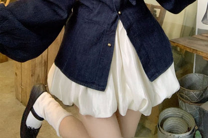 Bow-Neck Button-Up Long-Sleeved Blouse and Puff Mini A-Line Skirt Set