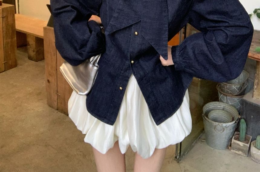 Bow-Neck Button-Up Long-Sleeved Blouse and Puff Mini A-Line Skirt Set