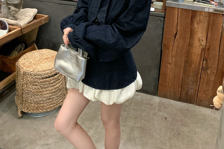 Bow-Neck Button-Up Long-Sleeved Blouse and Puff Mini A-Line Skirt Set