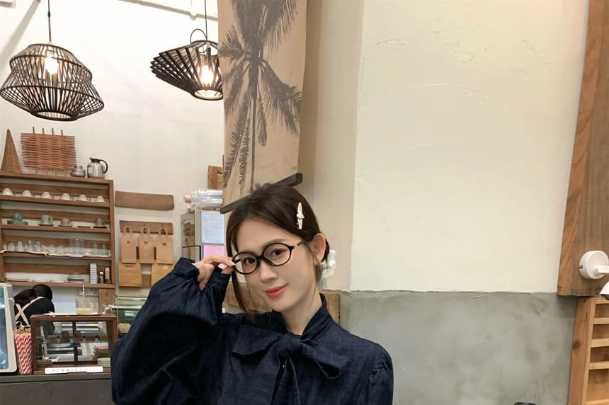Bow-Neck Button-Up Long-Sleeved Blouse and Puff Mini A-Line Skirt Set