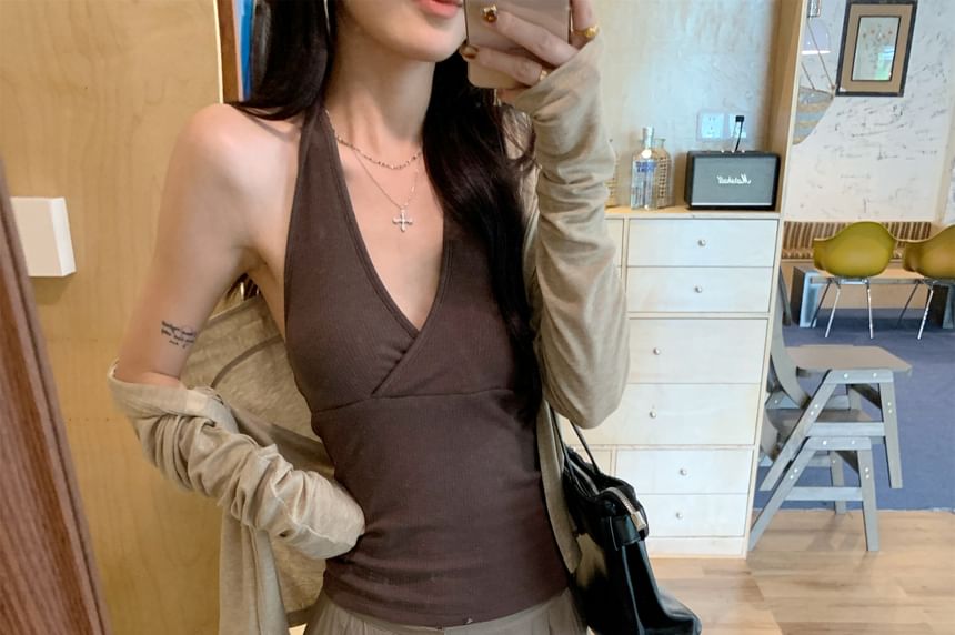 Plain Halter V-Neck Cami & Cardigan & Wide-Leg Pants Set