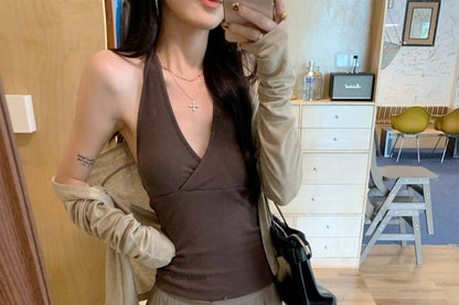 Plain Halter V-Neck Cami & Cardigan & Wide-Leg Pants Set
