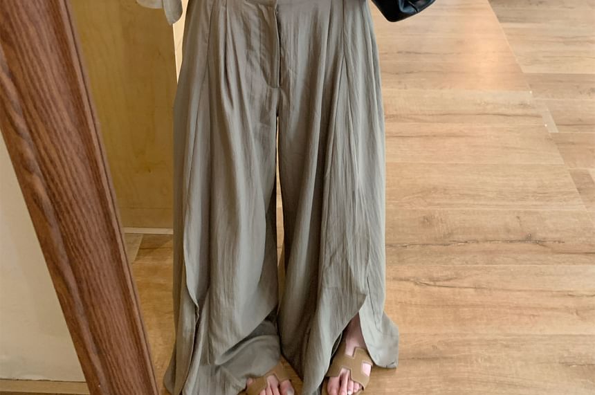 Plain Halter V-Neck Cami & Cardigan & Wide-Leg Pants Set