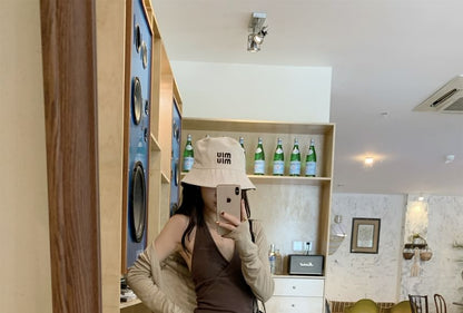 Plain Halter V-Neck Cami & Cardigan & Wide-Leg Pants Set