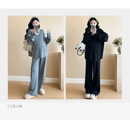 Maternity Knitted Two-Piece Sweater & Wide-Leg Pants Set