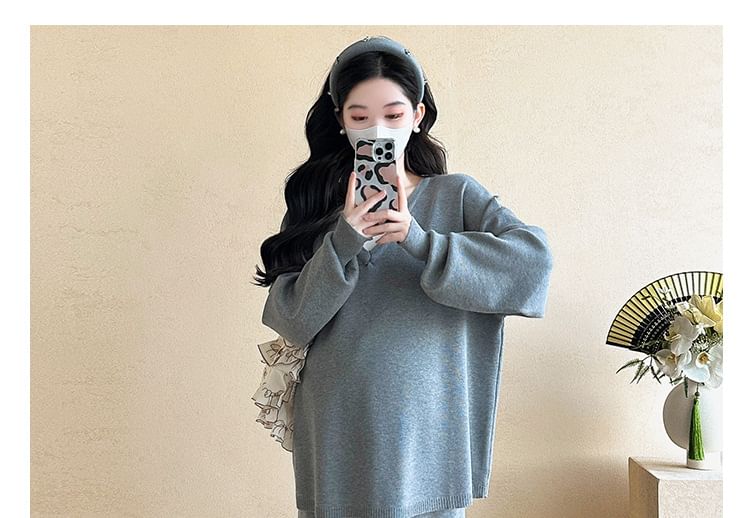 Maternity Knitted Two-Piece Sweater & Wide-Leg Pants Set