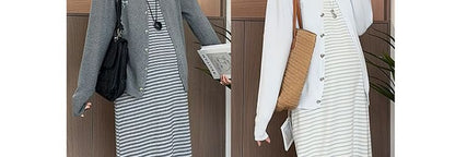 Maternity Round Neck Cardigan and Striped Tank Dress Set