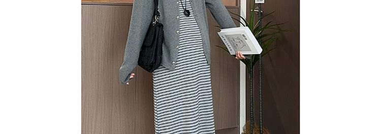 Maternity Round Neck Cardigan and Striped Tank Dress Set