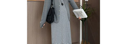 Maternity Round Neck Cardigan and Striped Tank Dress Set