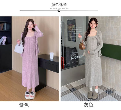 Maternity Spaghetti Strap Ribbed Midi Dress and Cardigan Set