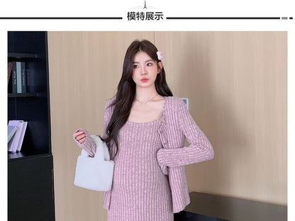 Maternity Spaghetti Strap Ribbed Midi Dress and Cardigan Set