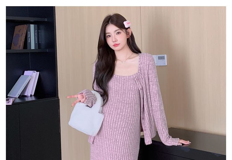 Maternity Spaghetti Strap Ribbed Midi Dress and Cardigan Set