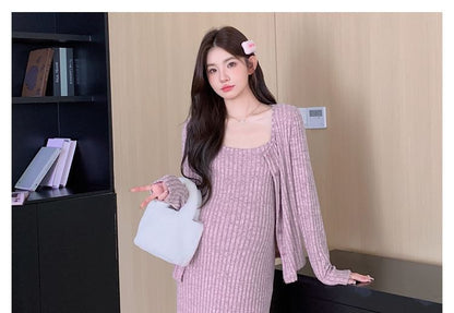 Maternity Spaghetti Strap Ribbed Midi Dress and Cardigan Set