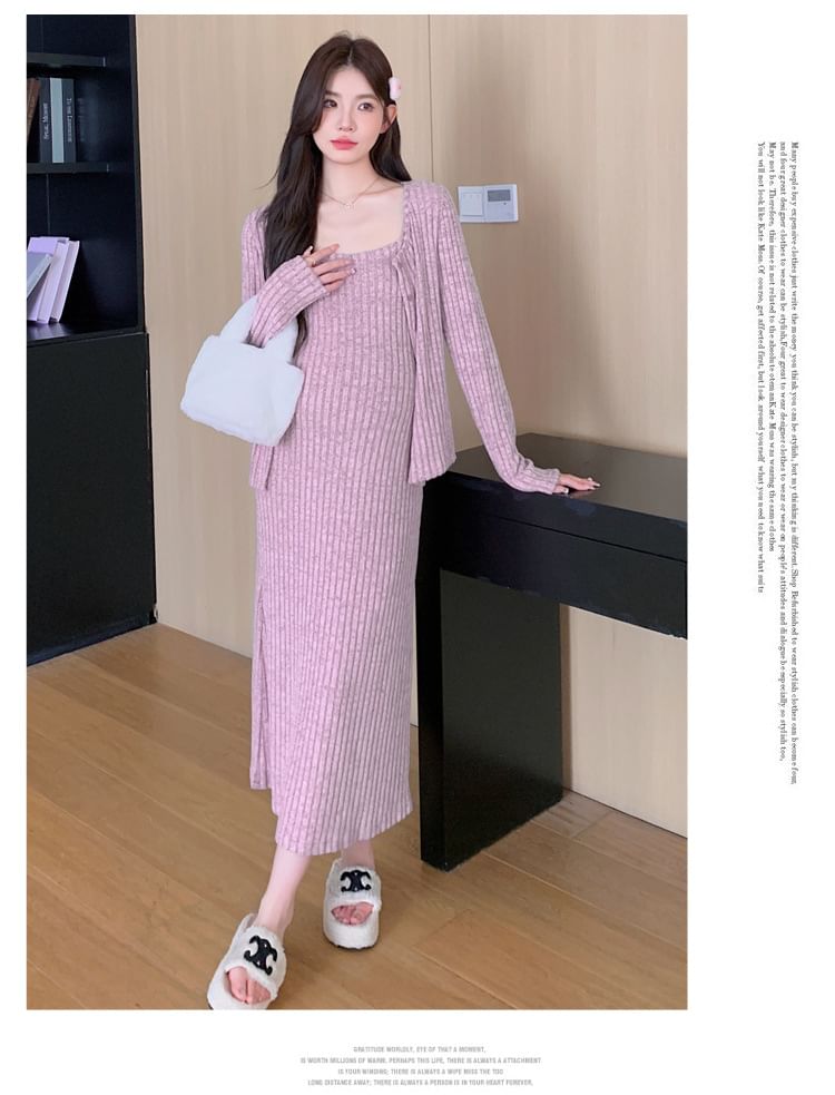 Maternity Spaghetti Strap Ribbed Midi Dress and Cardigan Set