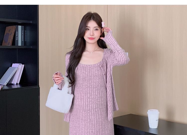 Maternity Spaghetti Strap Ribbed Midi Dress and Cardigan Set