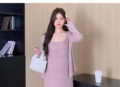 Maternity Spaghetti Strap Ribbed Midi Dress and Cardigan Set