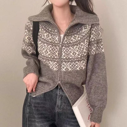 Stand Collar Jacquard Zip-Up Cardigan