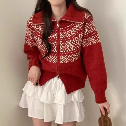 Stand Collar Jacquard Zip-Up Cardigan