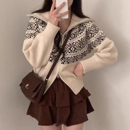Stand Collar Jacquard Zip-Up Cardigan