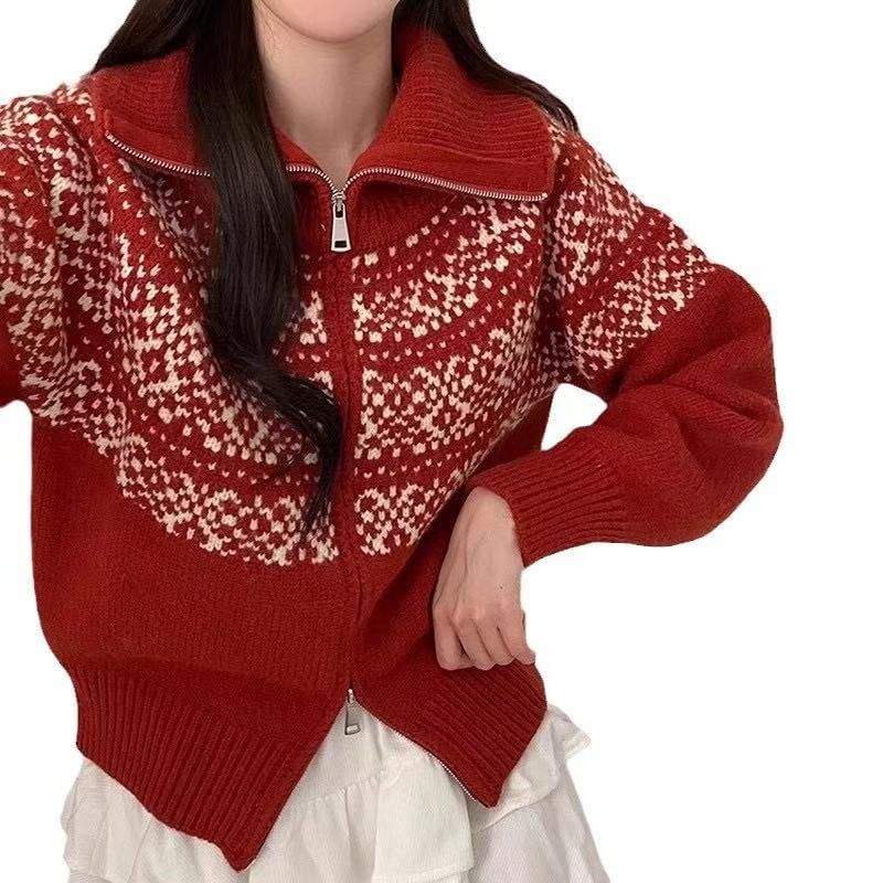 Stand Collar Jacquard Zip-Up Cardigan
