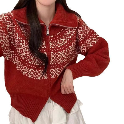 Stand Collar Jacquard Zip-Up Cardigan