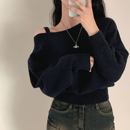 Plain Cold-Shoulder Cropped Sweater