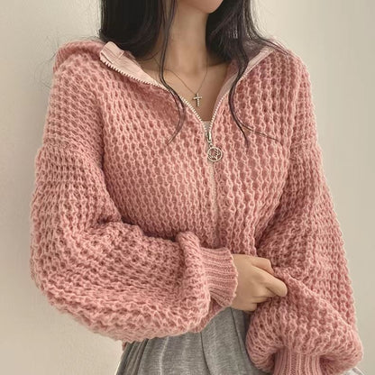 Plain Zip-Up Cropped Knit Hoodie