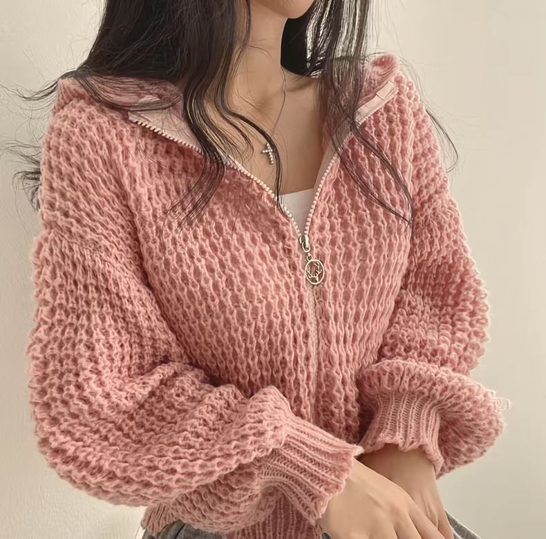 Plain Zip-Up Cropped Knit Hoodie