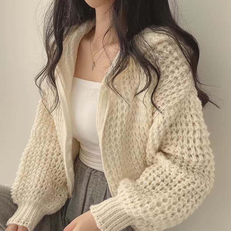 Plain Zip-Up Cropped Knit Hoodie