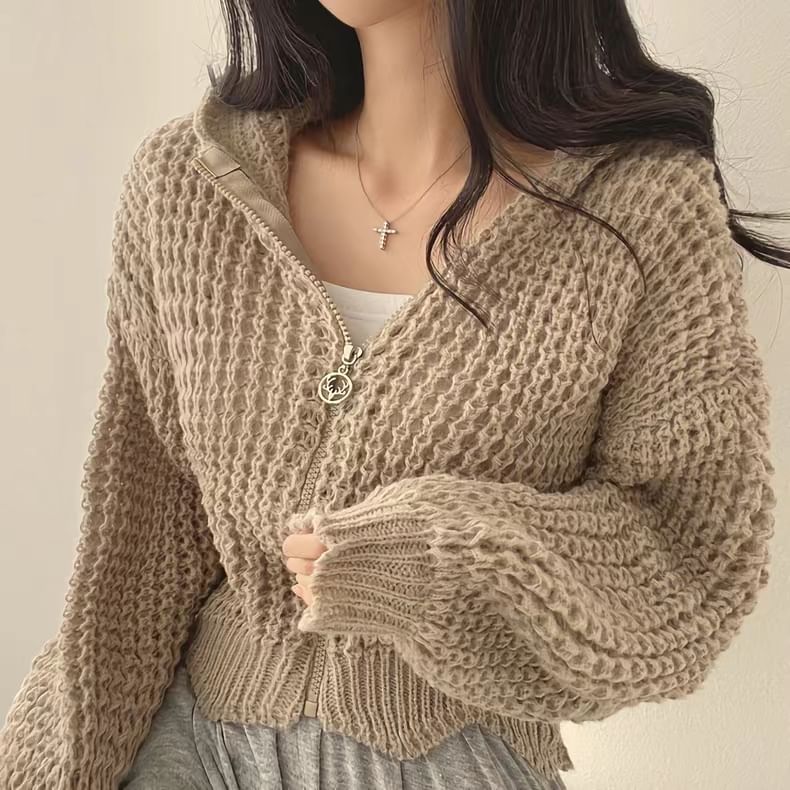 Plain Zip-Up Cropped Knit Hoodie