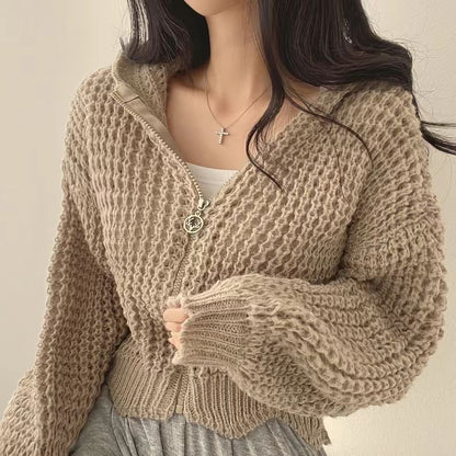 Plain Zip-Up Cropped Knit Hoodie