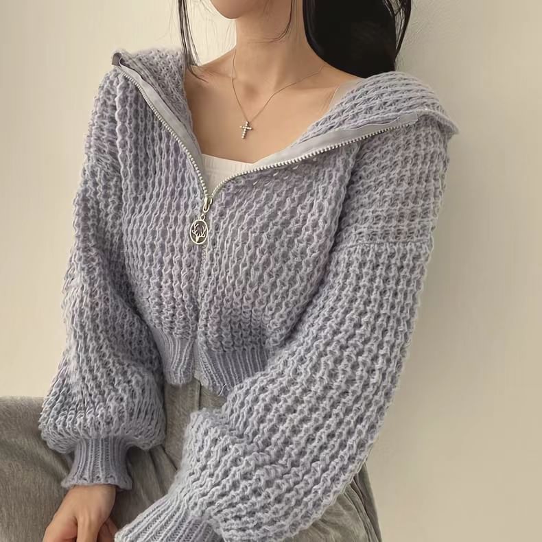 Plain Zip-Up Cropped Knit Hoodie