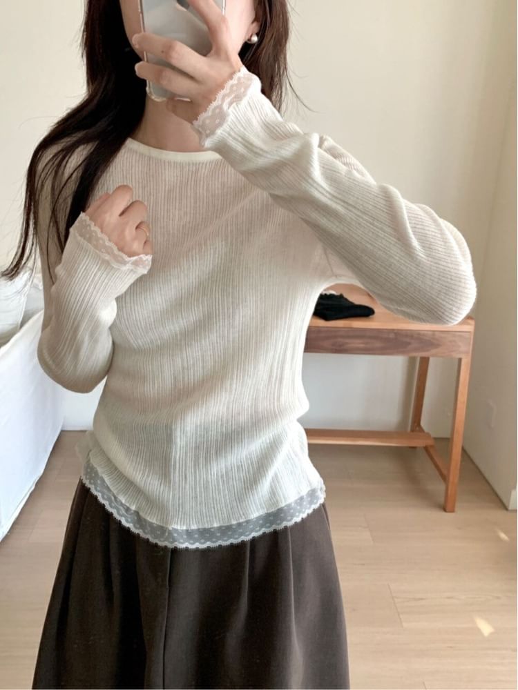 Lace-Trimmed Slim-Fit Crew-Neck Long-Sleeved Knit Top