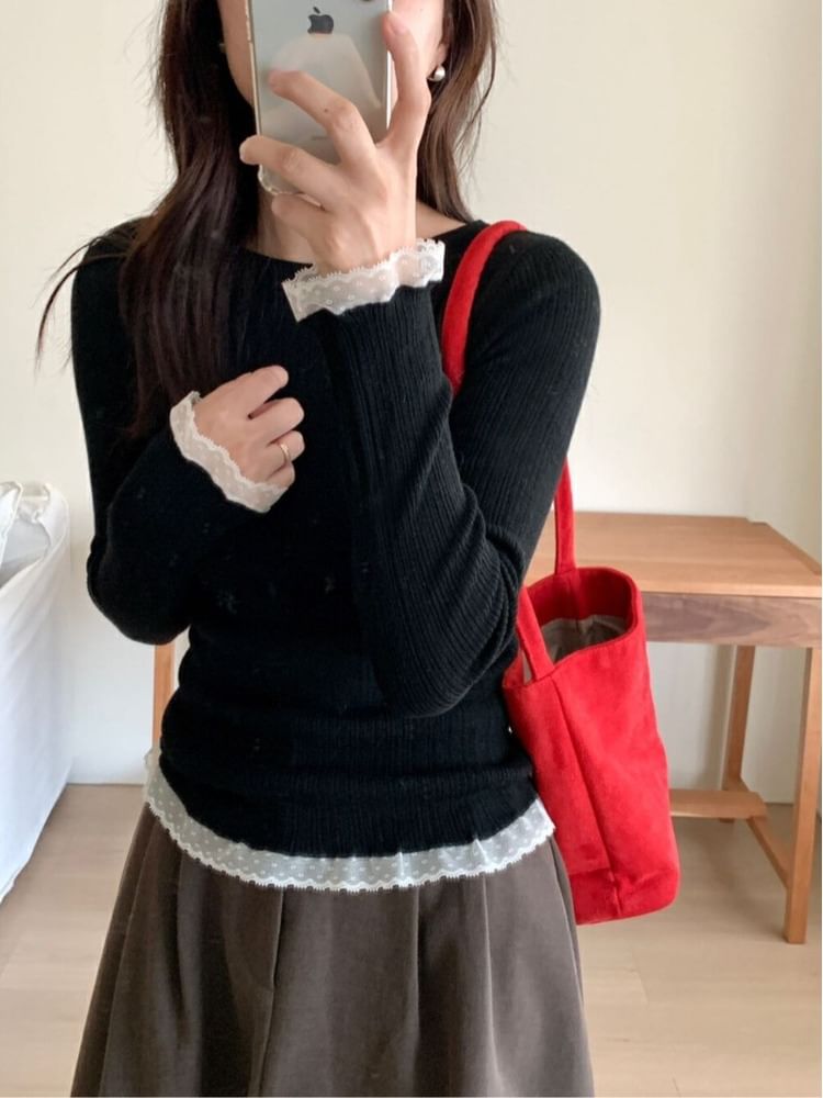 Lace-Trimmed Slim-Fit Crew-Neck Long-Sleeved Knit Top