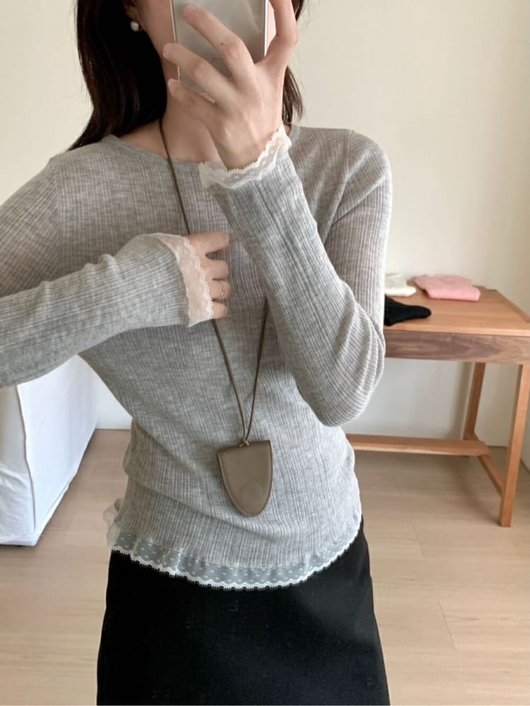 Lace-Trimmed Slim-Fit Crew-Neck Long-Sleeved Knit Top