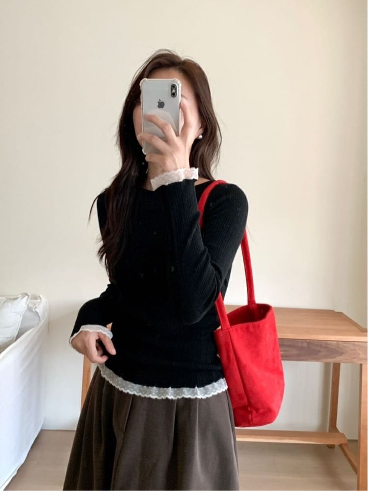Lace-Trimmed Slim-Fit Crew-Neck Long-Sleeved Knit Top
