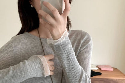 Lace-Trimmed Slim-Fit Crew-Neck Long-Sleeved Knit Top