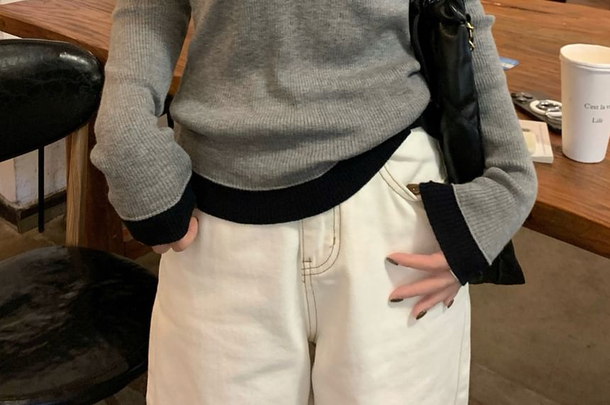 Two-Tone Knit Top with V-Neck, Long Sleeved, Mock Two-Piece Design
