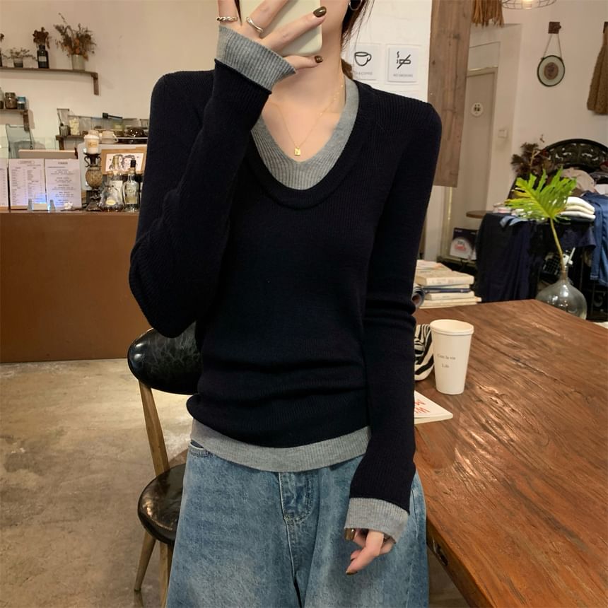 Two-Tone Knit Top with V-Neck, Long Sleeved, Mock Two-Piece Design