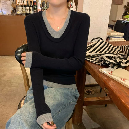 Two-Tone Knit Top with V-Neck, Long Sleeved, Mock Two-Piece Design