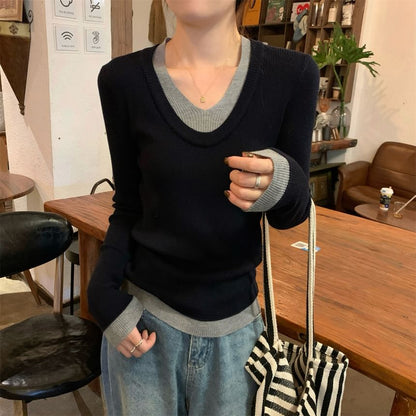 Two-Tone Knit Top with V-Neck, Long Sleeved, Mock Two-Piece Design
