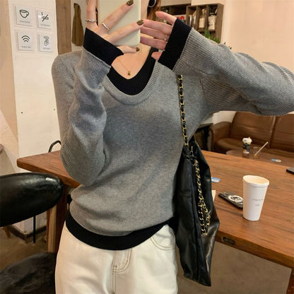 Two-Tone Knit Top with V-Neck, Long Sleeved, Mock Two-Piece Design