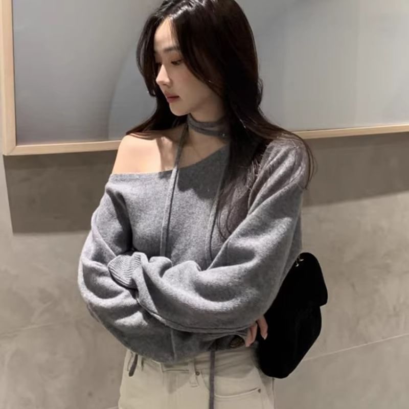 Plain Boat-Neck Knitted Sweater