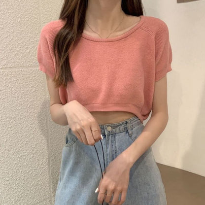 Mini Cropped Knit Top with Crew Neck, Short Sleeved, Solid