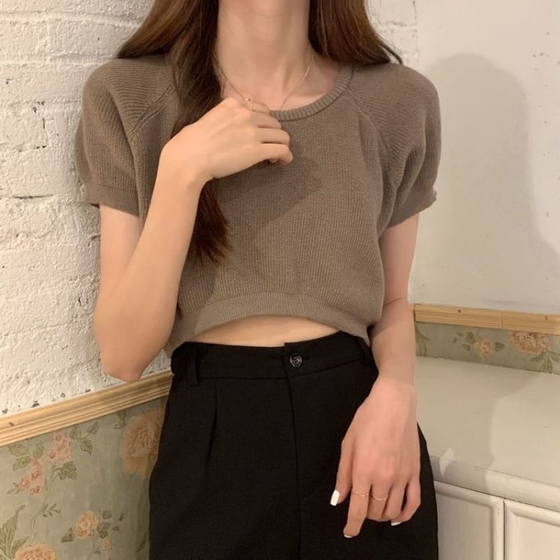 Mini Cropped Knit Top with Crew Neck, Short Sleeved, Solid