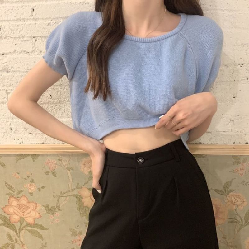 Mini Cropped Knit Top with Crew Neck, Short Sleeved, Solid