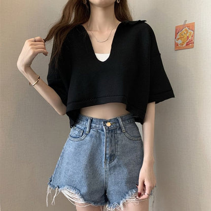 Cropped Knit Tee with V-Neck, Elbow Sleeved, Solid Color