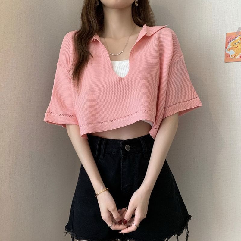 Cropped Knit Tee with V-Neck, Elbow Sleeved, Solid Color