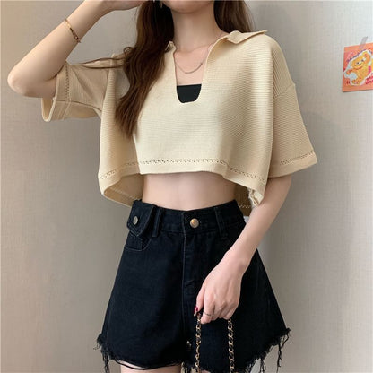 Cropped Knit Tee with V-Neck, Elbow Sleeved, Solid Color